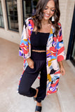 Abstract Print Quarter Sleeve Pocketed Open Front Kimono