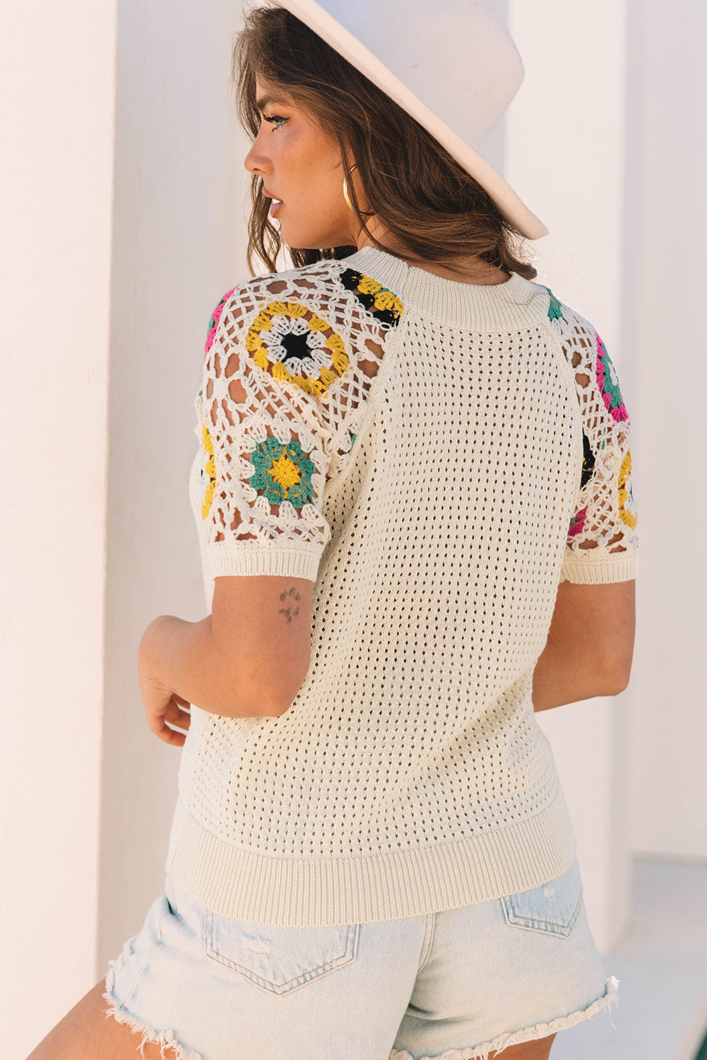 Apricot Hollow Out Floral Crochet Short Sleeve Crewneck Sweater