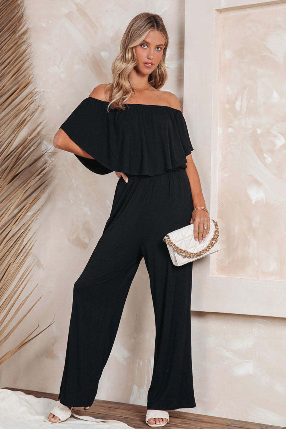 Solid Color Off Shoulder Wide Leg Jumpsuit