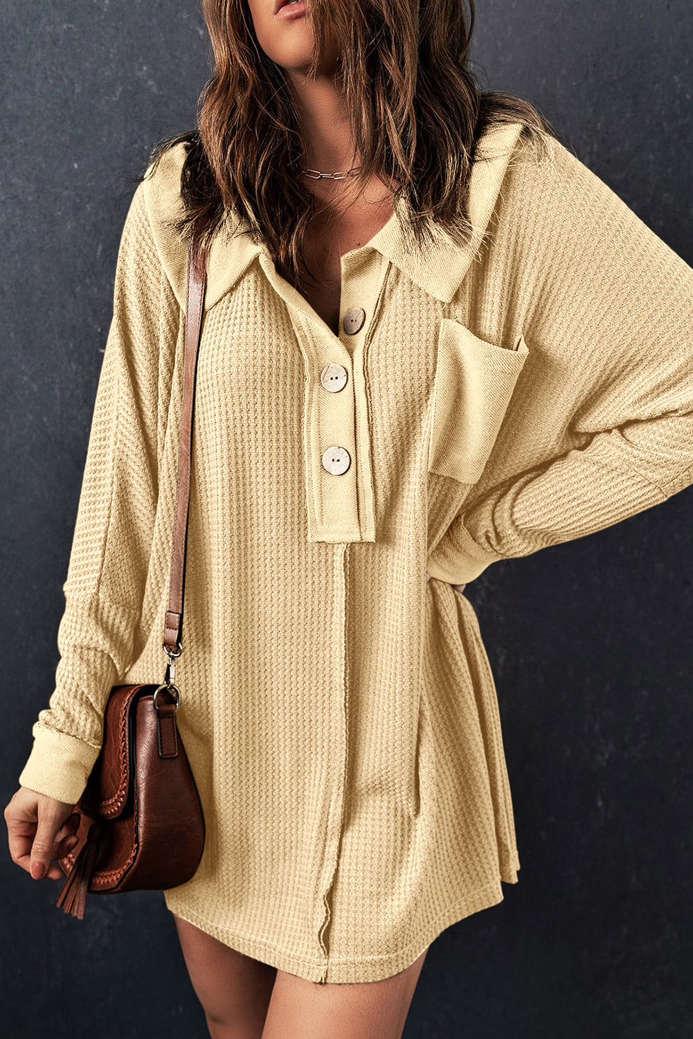 Brown Waffle Knit Buttoned Long Sleeve Top