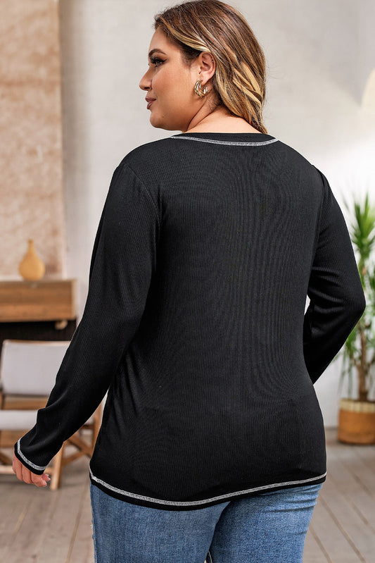 Plus Size Contrasting Topstitch Ribbed Henley Top