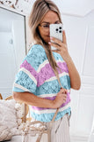 Purple Stripe Color Block Hollow Out Crochet Half Sleeve Sweater