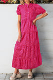 Rose Red Flower Mock Neck Puff Sleeve Tiered Maxi Dress