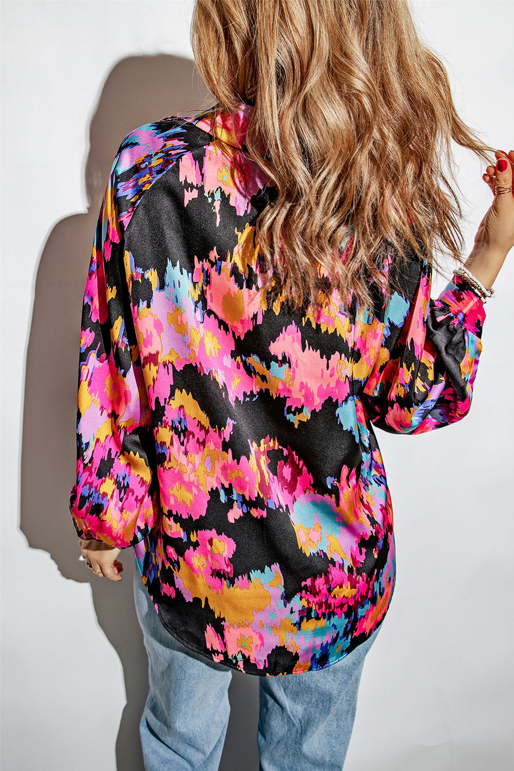 Green Graffiti Printed V Neck Puff Sleeve Blouse