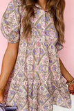 Floral Button Shirt Collar Puff Sleeve Ruffle Dress