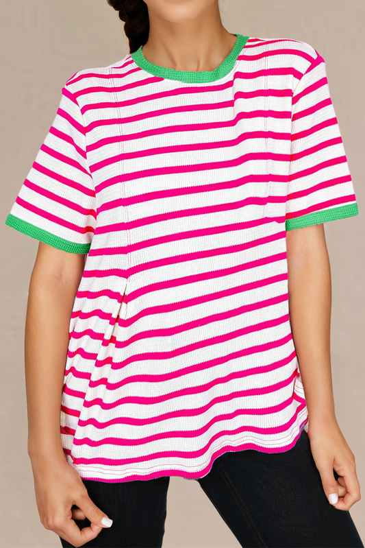 Rose Stripe Contrast Trim Crew Neck Loose Short Sleeve Top
