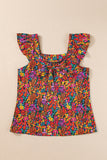 Multicolour Floral Print Cap Sleeve Square Neck Back Knot Blouse