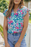 Pleated Flutter Sleeve Tie V Neck Floral Blouse