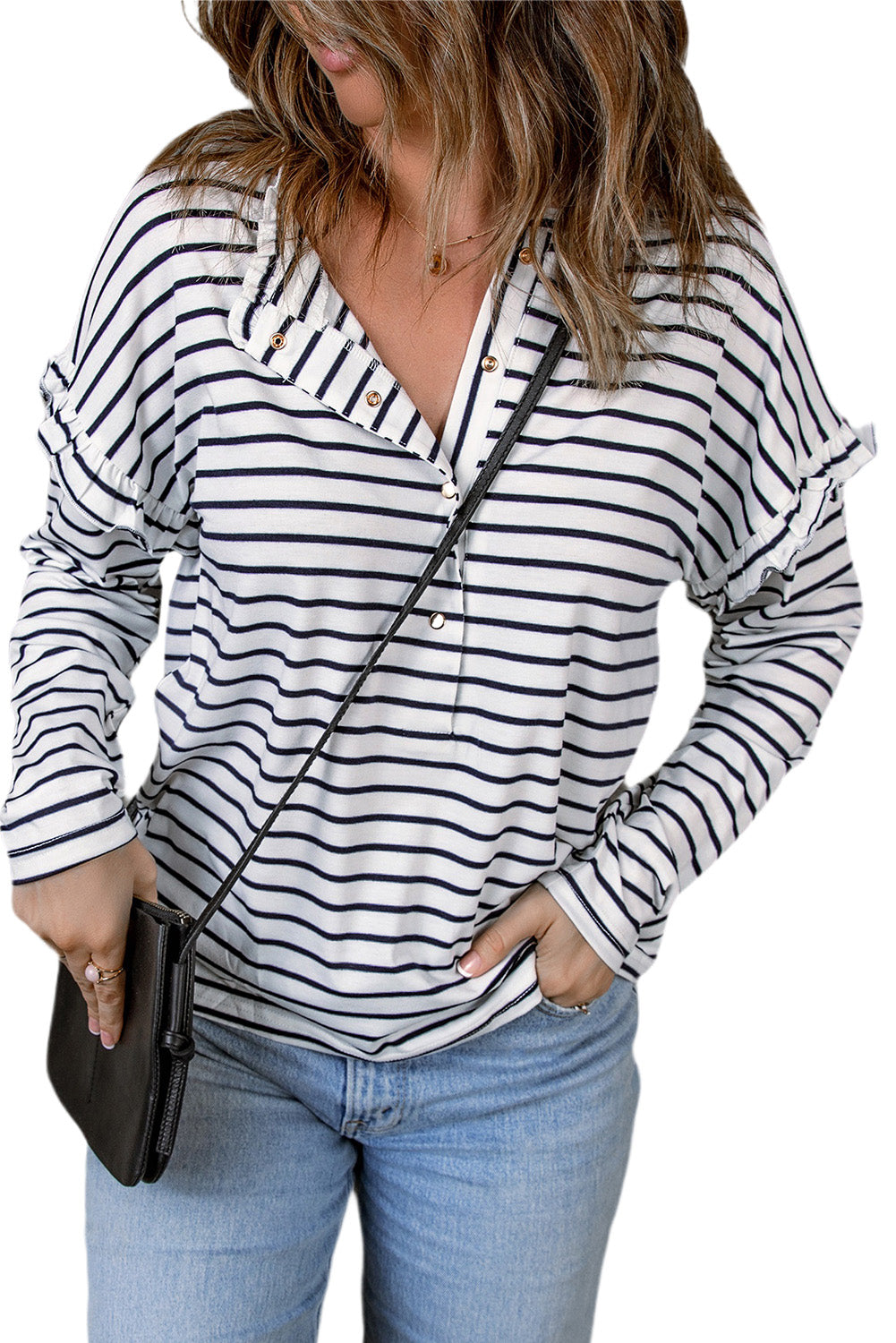 Striped Print Ruffled Buttoned Long Sleeve Top