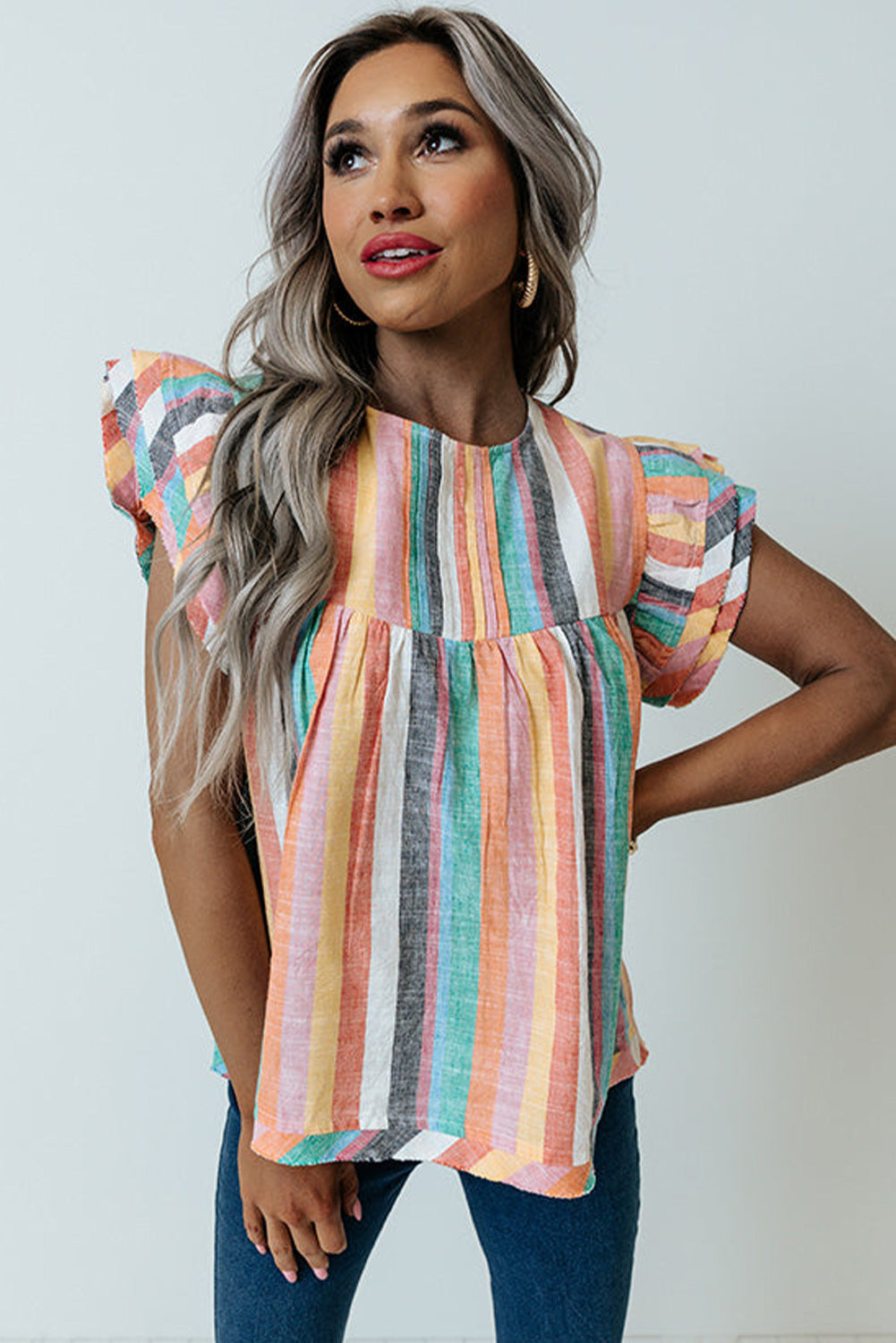 Striped Tiered Ruffle Cap Sleeve Top