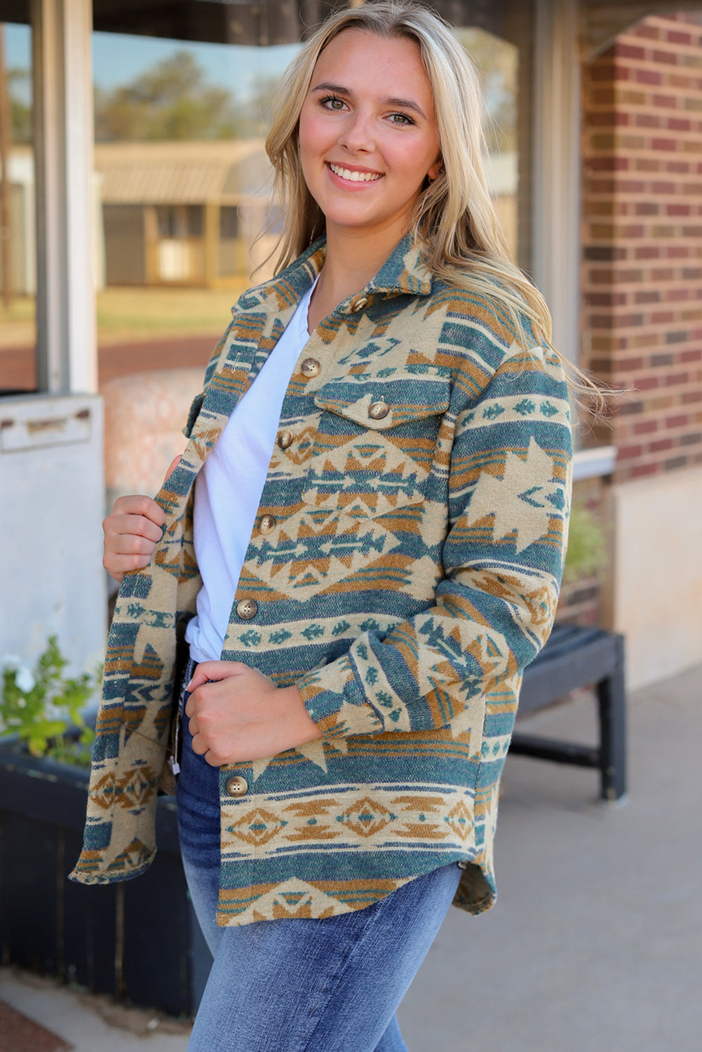 Multicolor Plus Size Flap Pockets Aztec Print Jacket