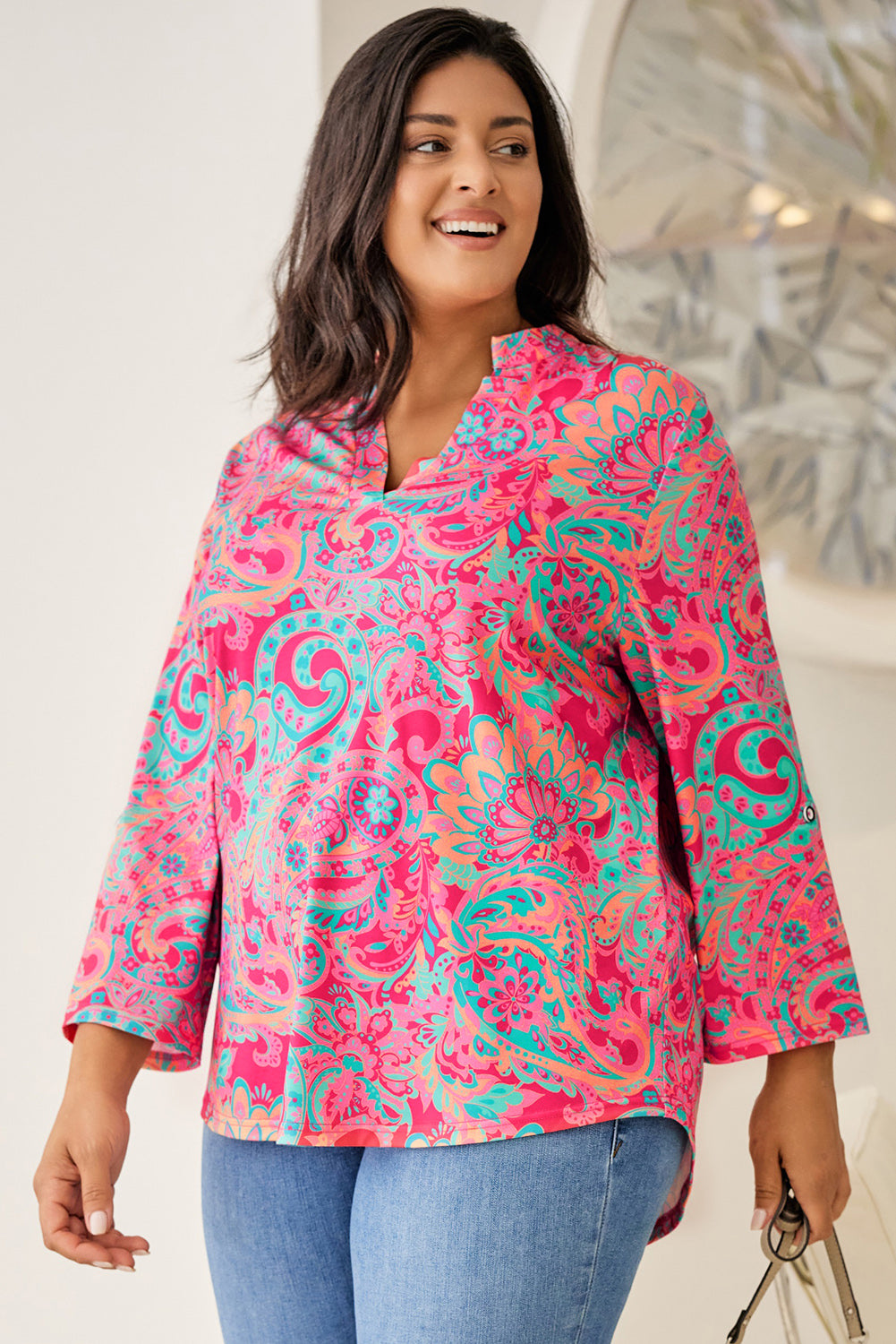 Rose - Blouse à Imprimé Paisley et Col en V à Manches Roulées de Grande Taille