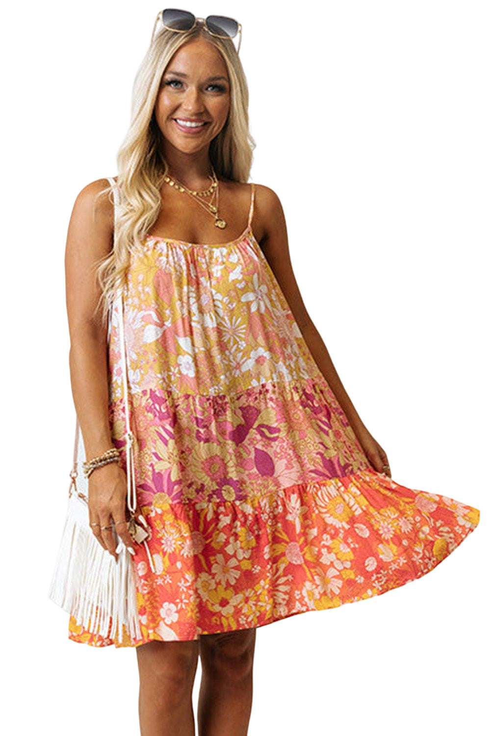 Floral Print Tiered Spaghetti Straps Shift Dress