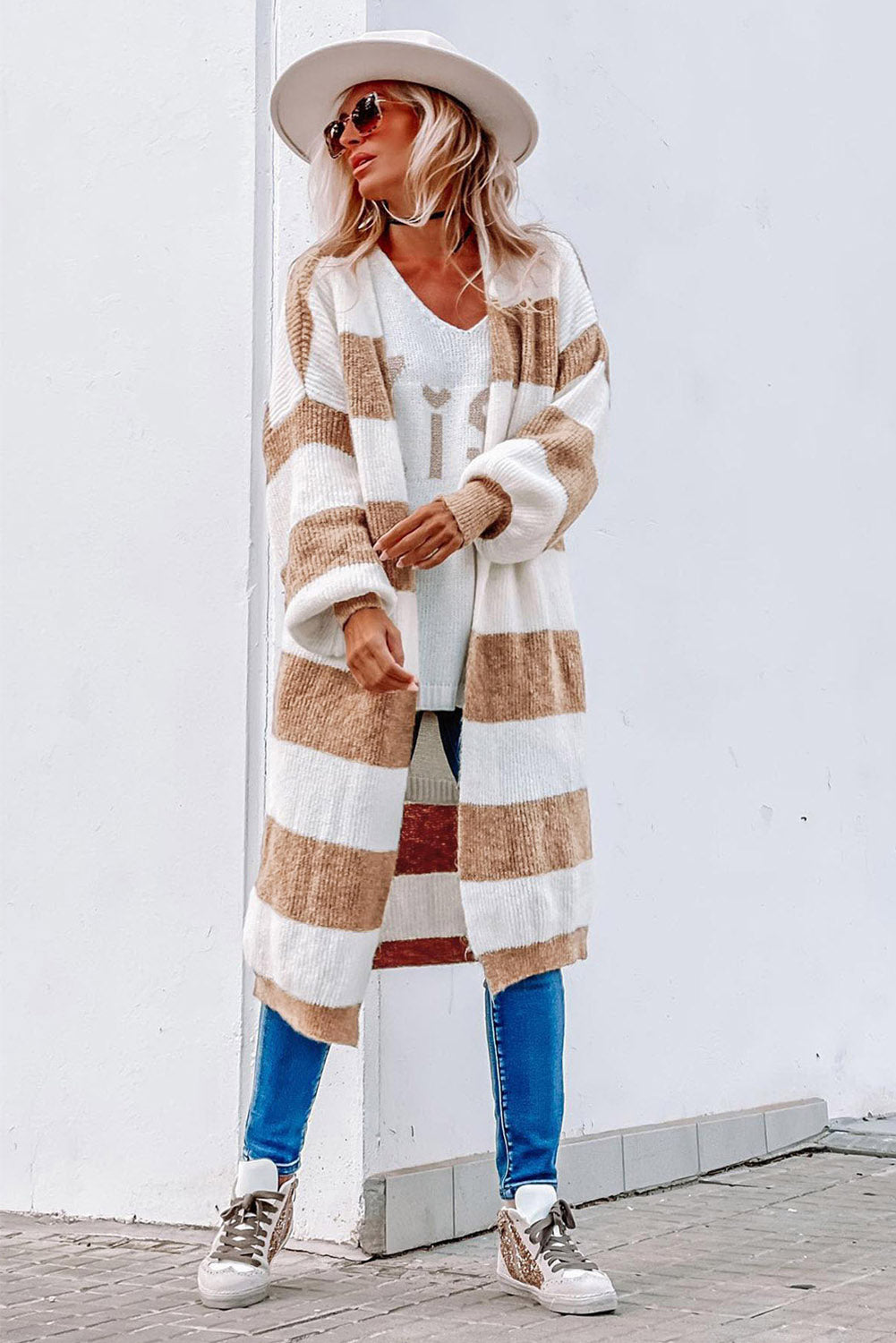 Striped Colorblock Rib Knit Bubble Sleeve Midi Cardigan