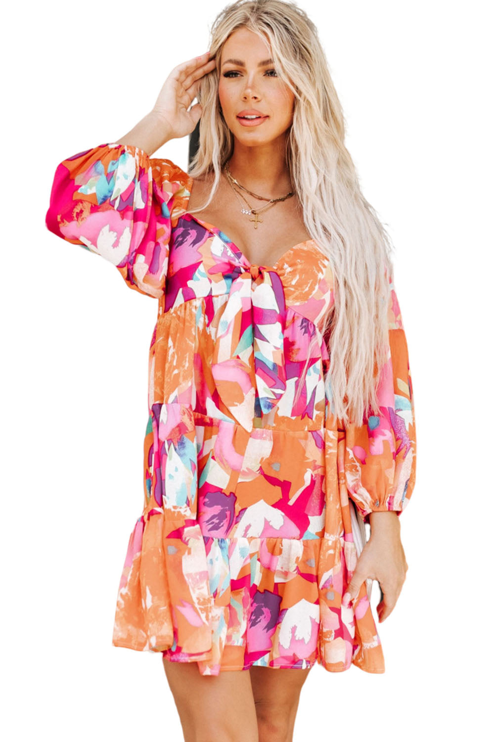 Orange Abstract Print Lace-up Sweetheart Neck Smocked Mini Dress