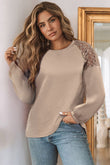 Lace Shoulder Patch Waffle Knit Long Sleeve Top