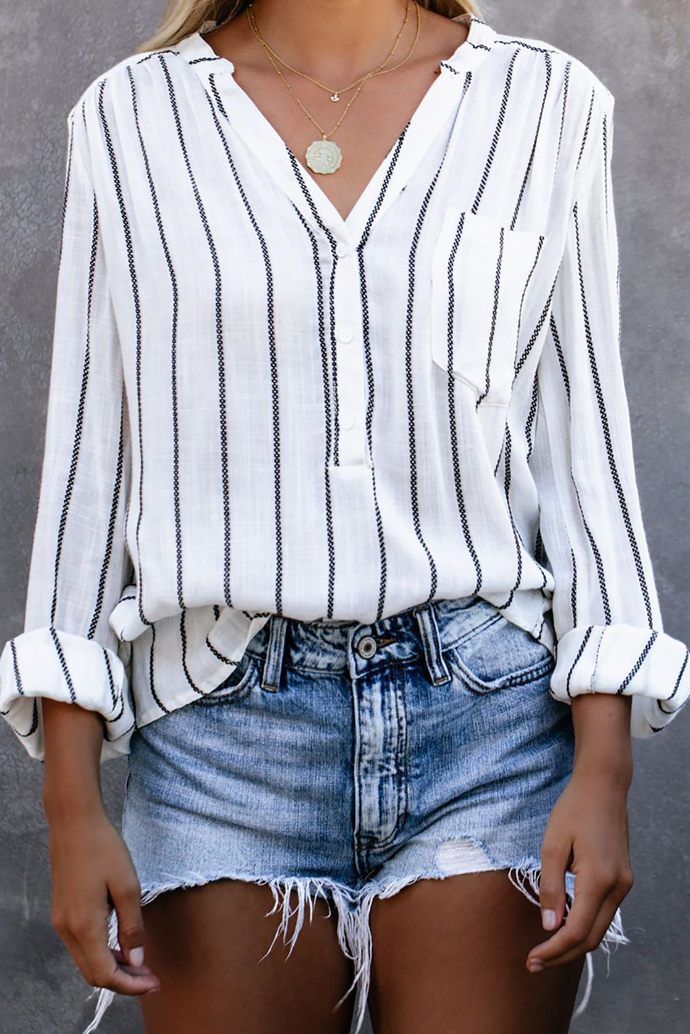 Striped V Neck Pocket Long Sleeve Top