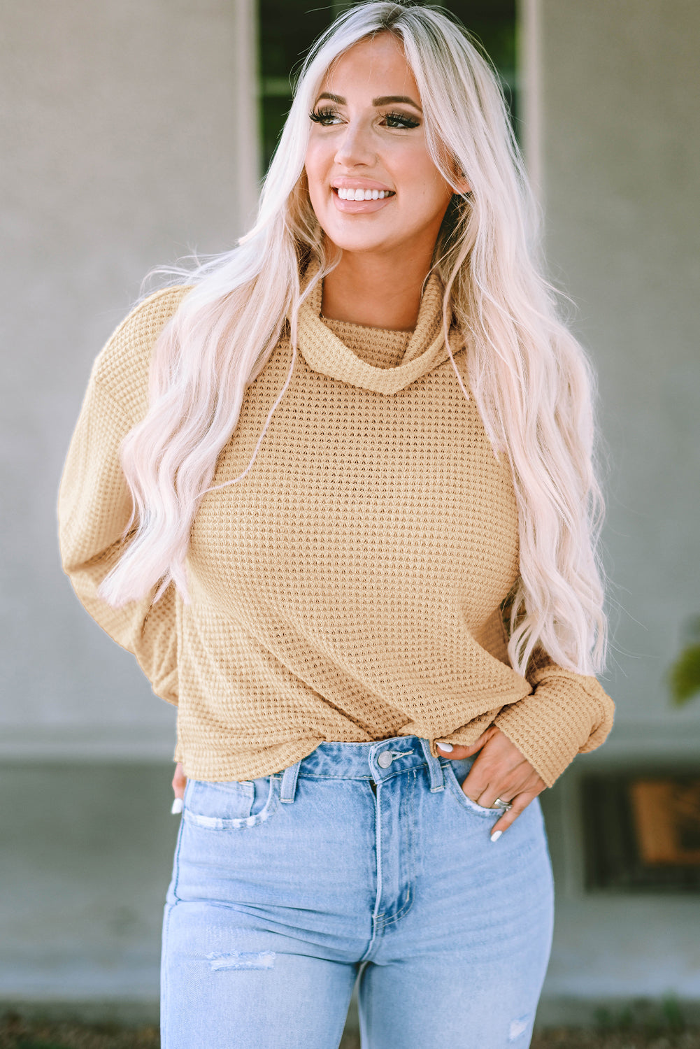 Solid Waffle Knit Turtleneck Long Sleeve Top