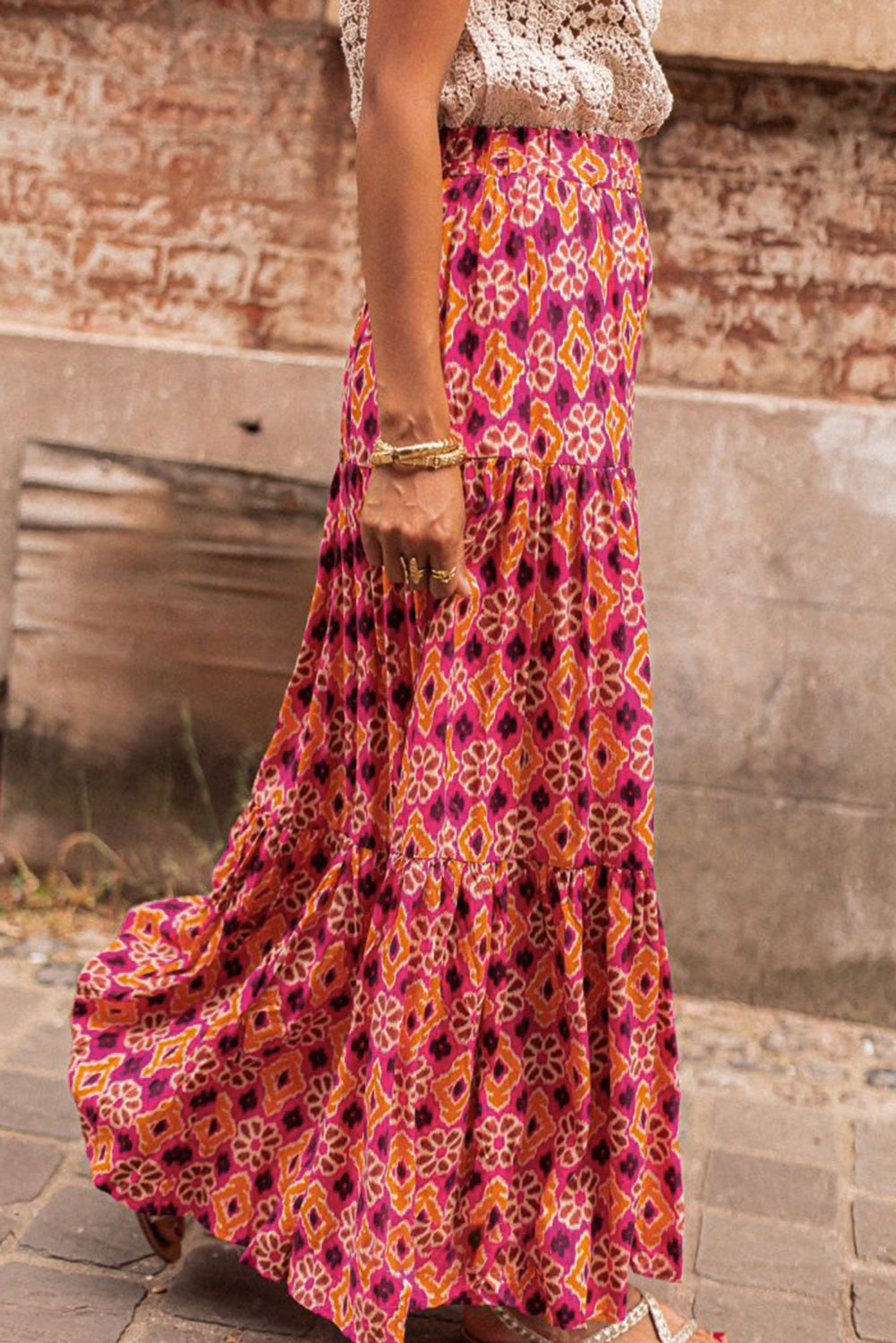 Vintage Boho Floral Print Tiered Maxi Skirt