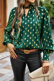 Twisted Mock Neck Cut out Dotted Bishop Sleeve Blouse