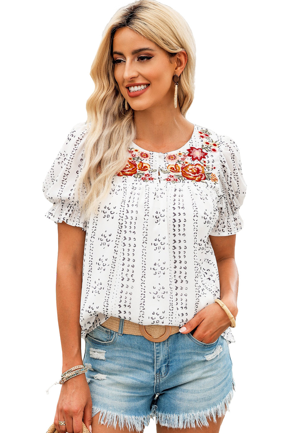 Long Sleeve Embroidered Print Blouse