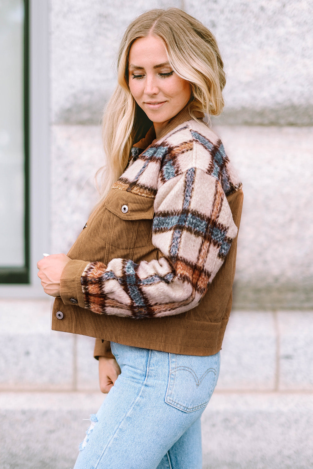 Khaki Plaid Corduroy Flap Pockets Boxy Chunky Jacket