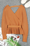 Rib Knit Surplice Neck Belted Peplum Sweater