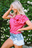 Bright Pink Flower Embroidery Short Sleeve Knitwear Top