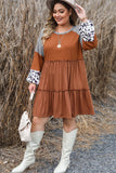 Brown Waffle Knit Leopard Patchwork Long Sleeve Dress