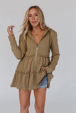 Tiered Ruffled Zip-Up Drawstring Hooded Jacket