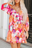 Orange Abstract Print Lace-up Sweetheart Neck Smocked Mini Dress