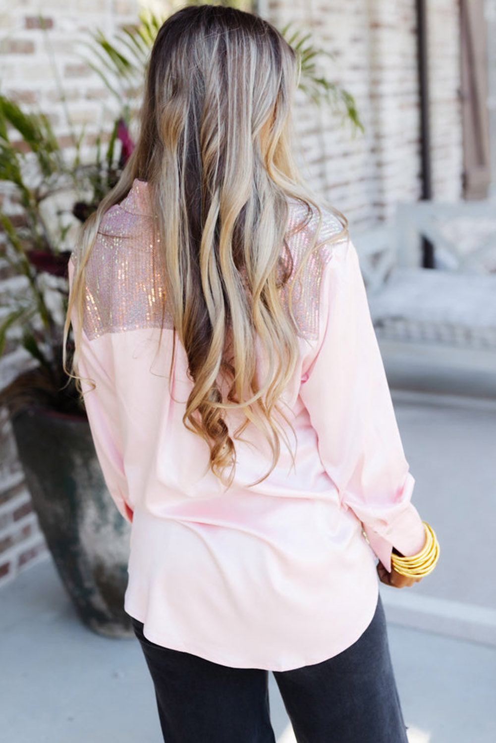 Sequin Contrast Long Sleeve Shirt