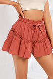 Solid Belted Frill Trim Casual Shorts