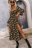 Floral Tie Square Neck Puff Sleeve Slit Dress