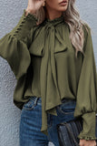 Khaki Frilled Knotted Mock Neck Bishop Sleeve Blouse