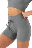 Short de yoga gris à taille avec cordon de serrage côtelé de couleur unie