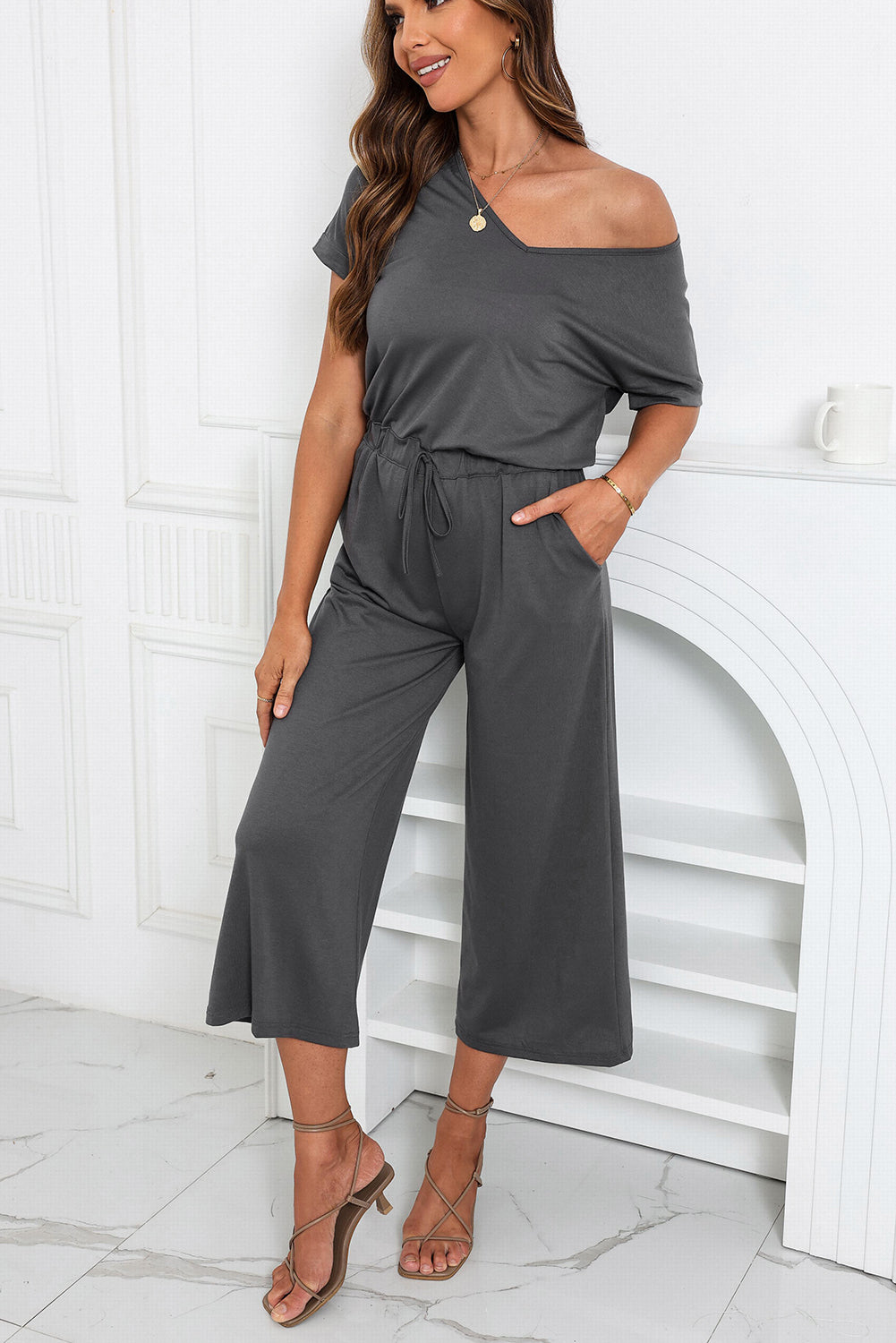 Drawstring Waist Short Sleeve Wide Leg Jumpsuit