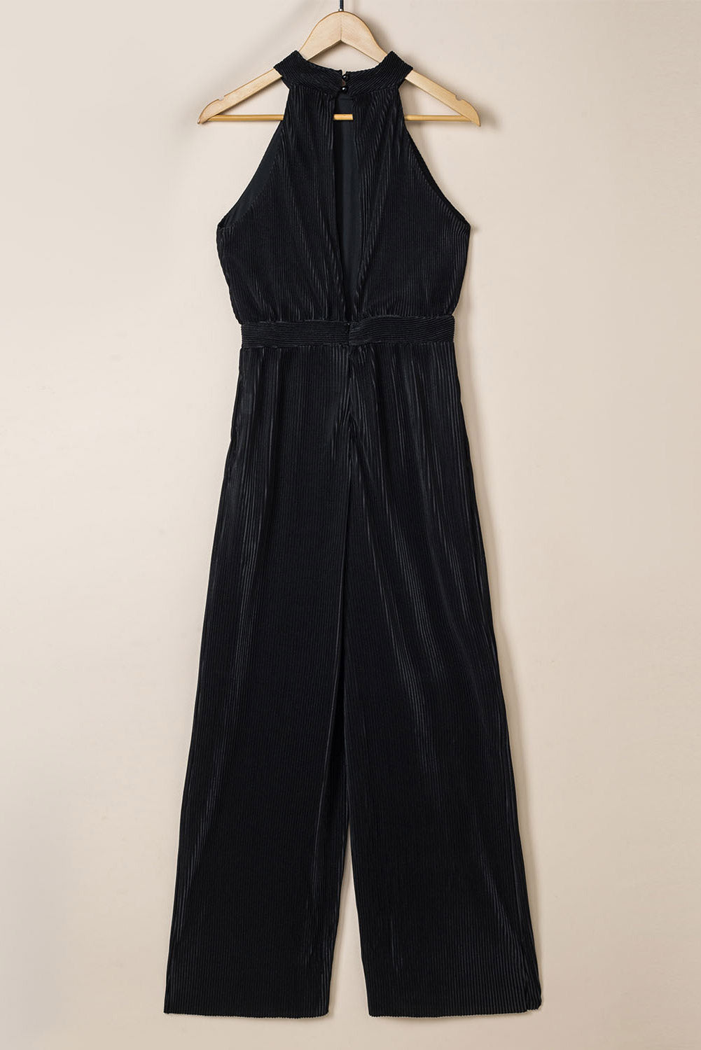 Button Halter Neck Keyhole Back Ribbed Jumpsuit