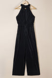 Button Halter Neck Keyhole Back Ribbed Jumpsuit