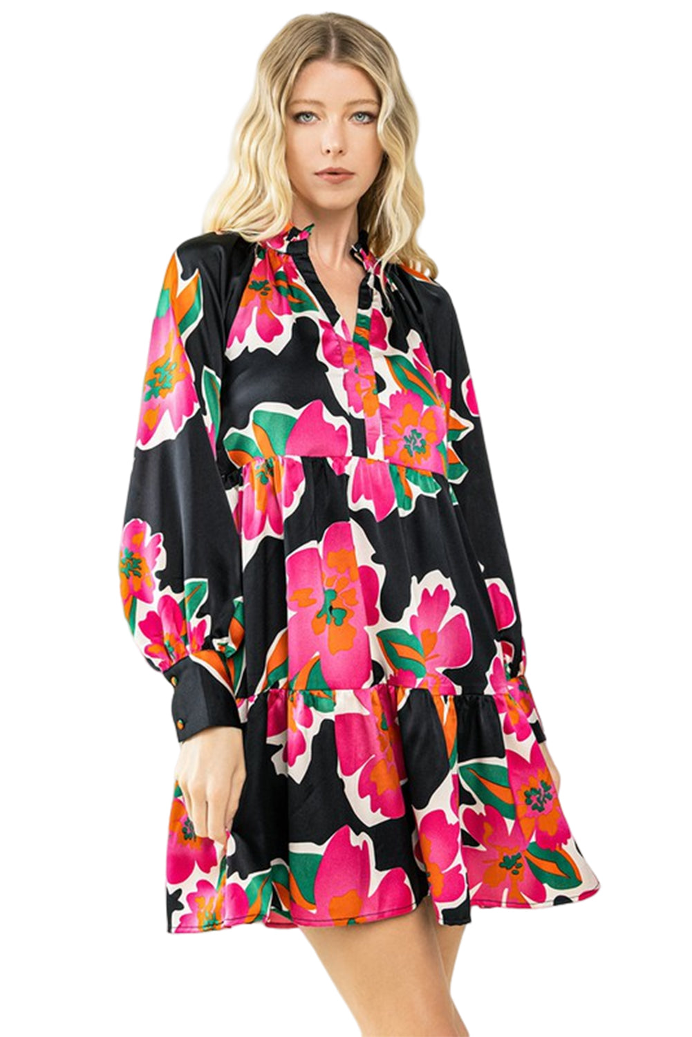 Black Flower Print Puff Sleeve Blouse