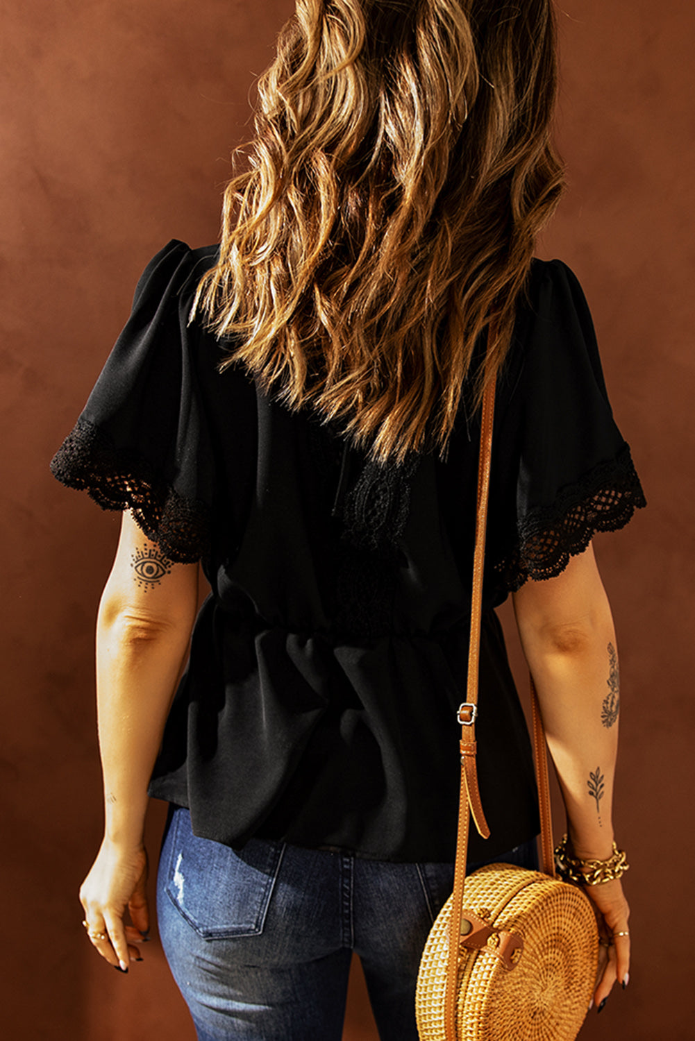 Lace Splicing V Neck Short Sleeve Blouse