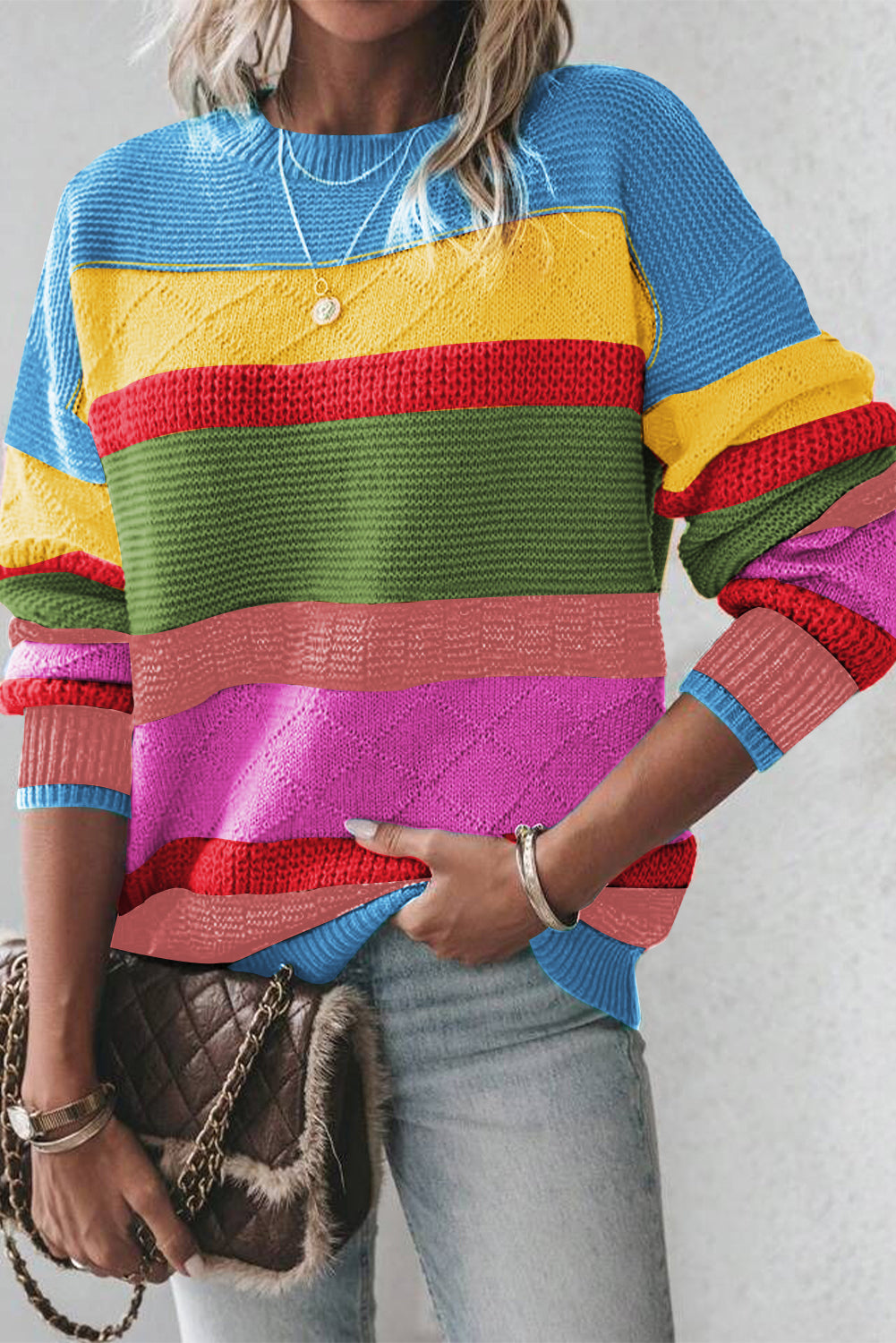 Yellow Colorblock Mixed Textured Drop Shoulder Sweater