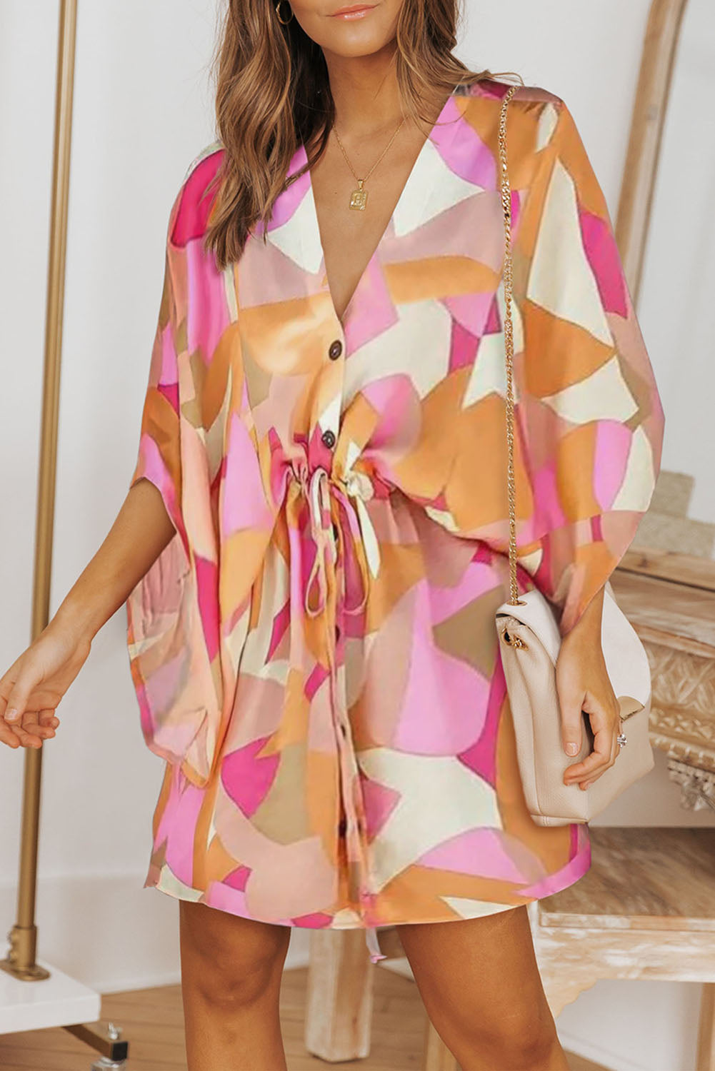 Geometric Print Button Drawstring Batwing Sleeve Dress