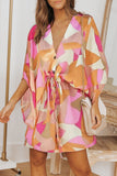 Geometric Print Button Drawstring Batwing Sleeve Dress