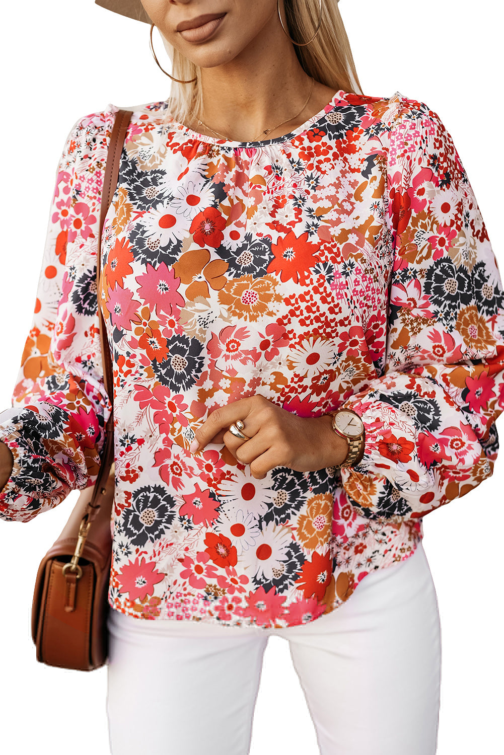 Floral Crewneck Long Sleeve Blouse