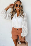 Eyelet Lace Puff Sleeve Split Neck Blouse