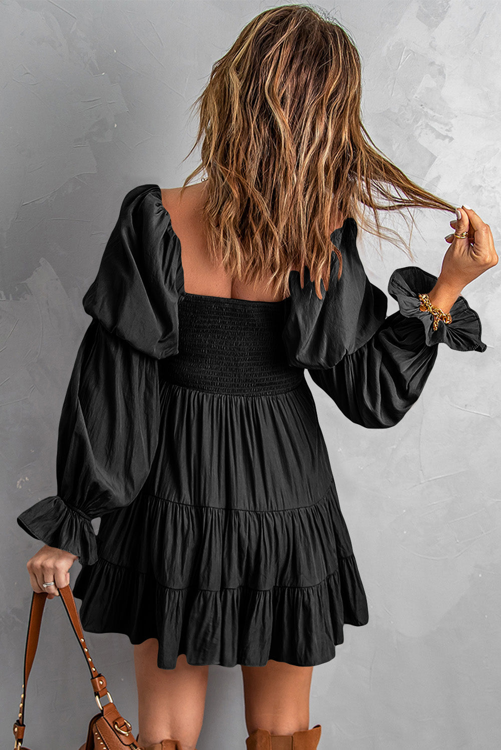 Boho Solid Shirred Ruffle Mini Dress