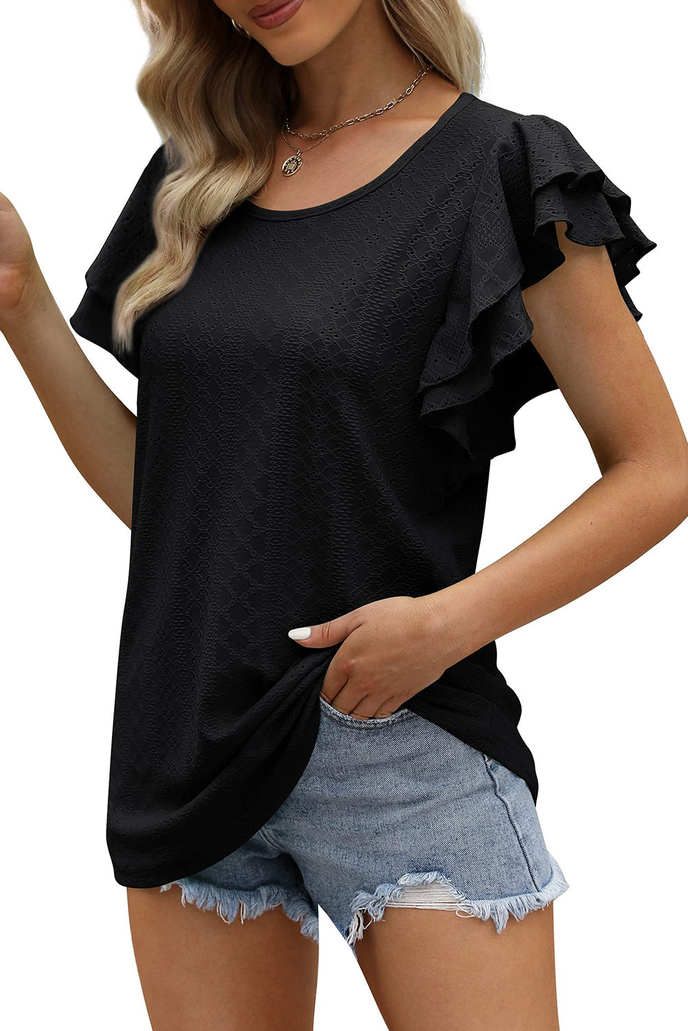 Rhombus Textured Ruffle Short Sleeve Blouse