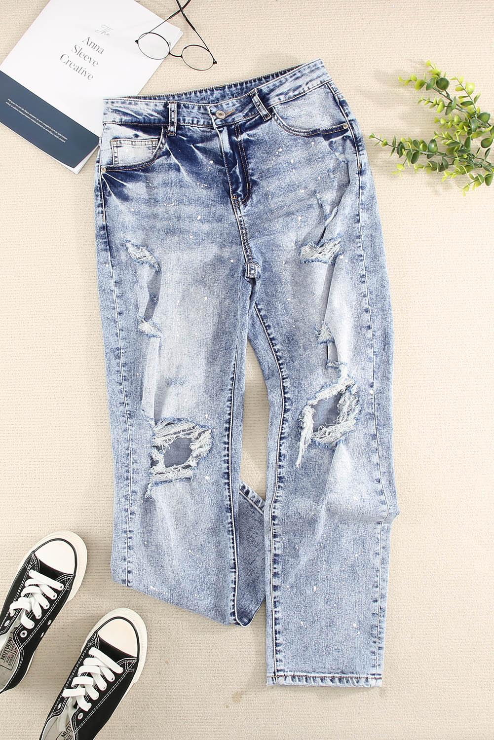 Distressed Faded Splatter Denim Pants