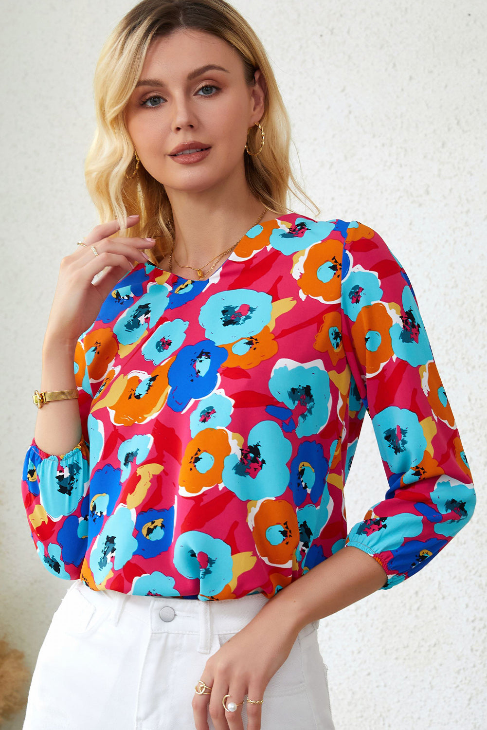 Sky Blue Multicolor Abstract Print High Neck Flutter Sleeves Top